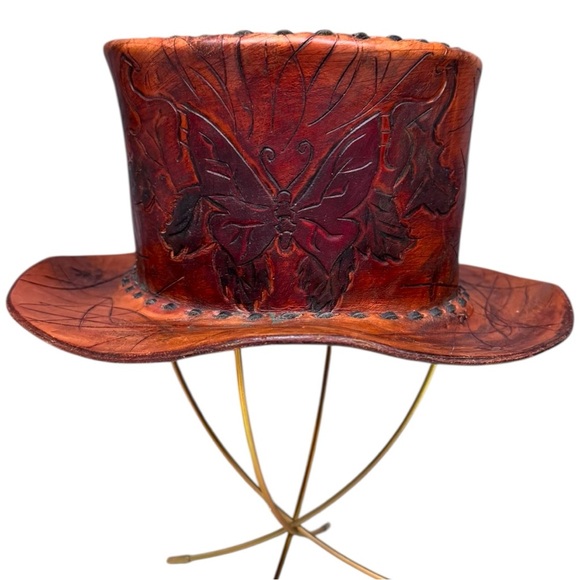 Vintage Hand-Tooled Leather Steampunk Top Hat, Small Fit, Whipstitch Unique Hat - Picture 15 of 15